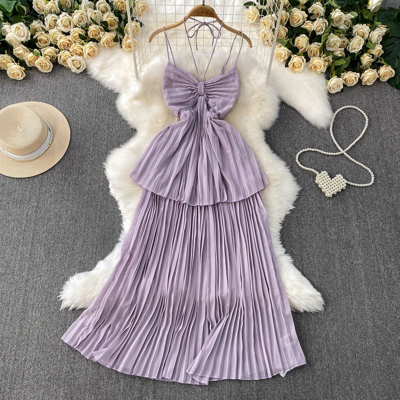 

Vacation Sexy Hollow-out Bow V-neck Hanging Neck Sling Dress Women Summer Waist Hugging Slimming Pleated Cake Skirt Purple One size
