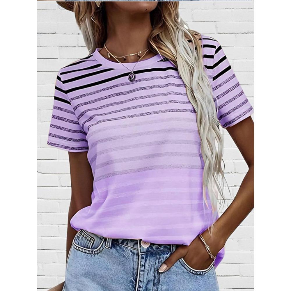 Fashion Women Retro Creative Gradient Stripes Print T Shirt Funny Casual O-neck Short Sleeves T-shirt Summer Female Tee Shirt