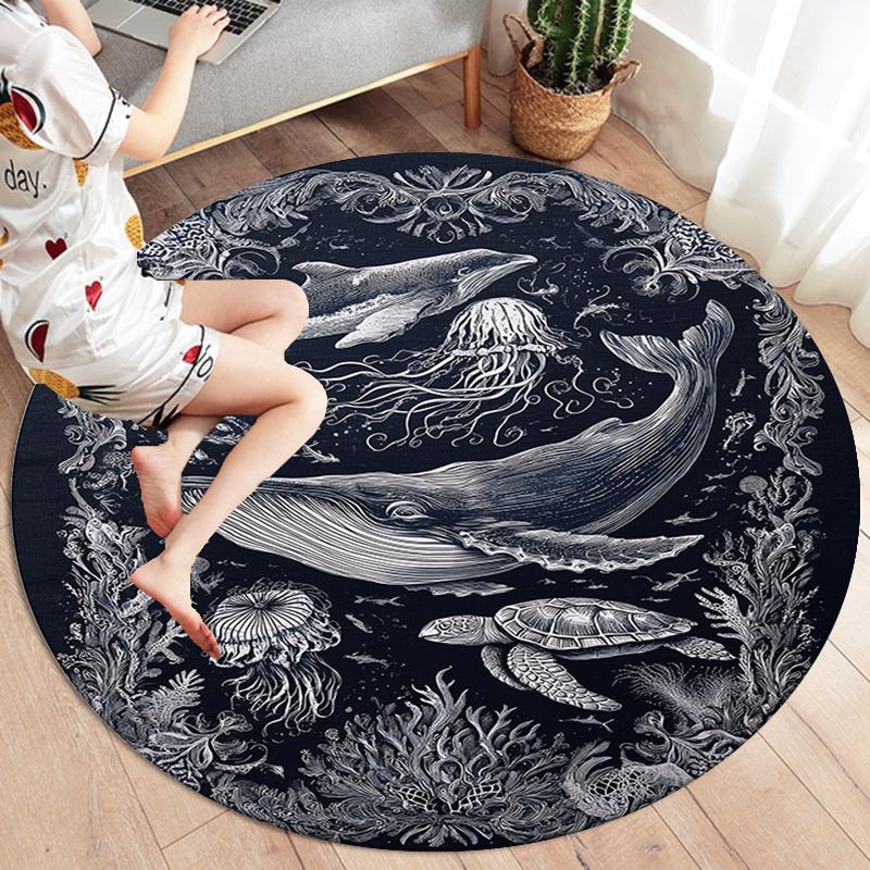 Sketch Truck Whale Poseidon Skeleton Round Area Rug,Carpet Rug for Living Room Bedroom Sofa Playroom Decor,Non-slip Floor Mat