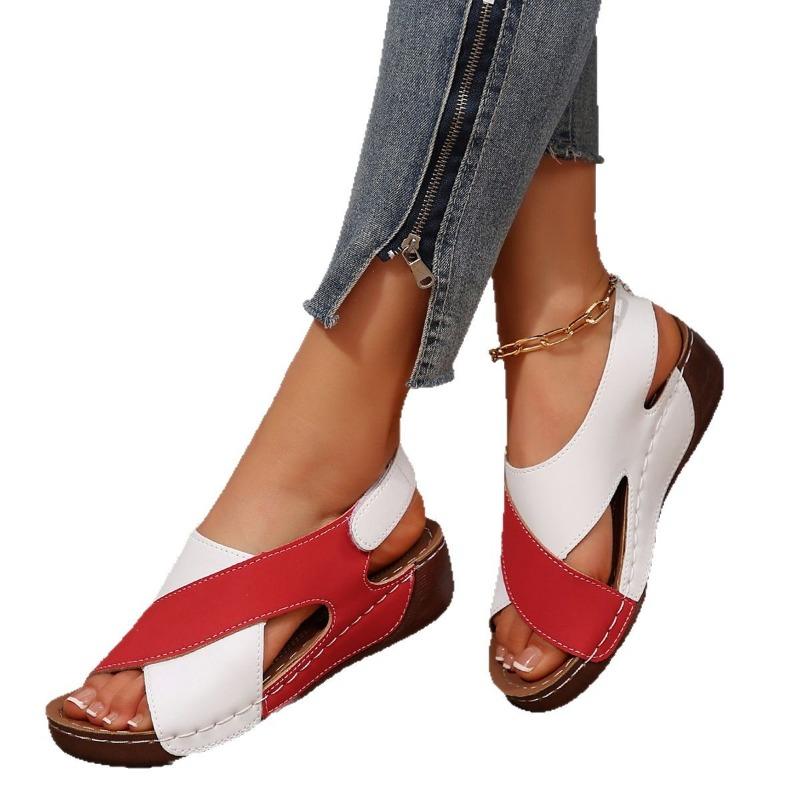 Women’s Platform Peep-Toe Colorblock Sandals with Velcro Straps and Breathable Cutout Design for Wide Sizes