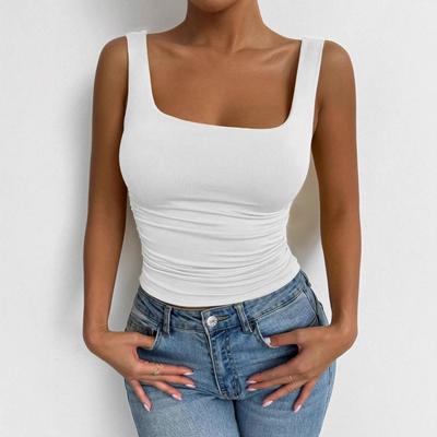 2025 Women's Sleeveless Spaghetti Strap Square Neck Crop Top - Casual Basic Style