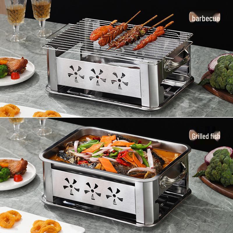 Extra Thick Stainless Steel Rectangular Charcoal Fish Grill and Warming Stove for Home Barbecue