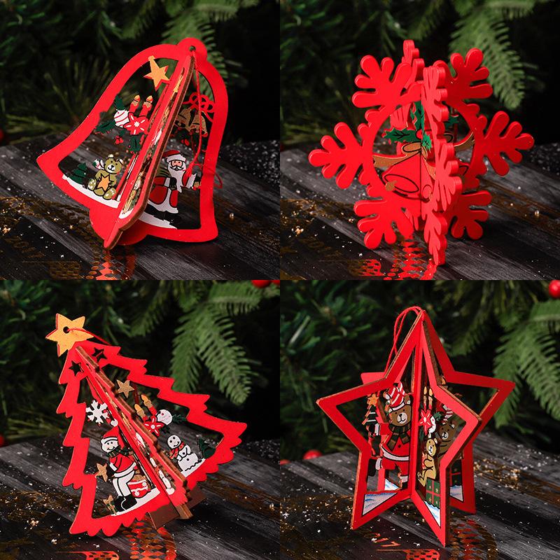 New Christmas Decoration 3D Hollow Bell Snowflake Craft Christmas Tree Wooden Pendant Elderly Gift Home Interior Scene Pendant