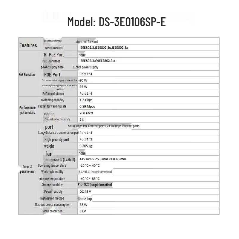 HIKVISION 6-Port 100Mbps Unmanaged PoE Switch CN Plug (adapter Included)