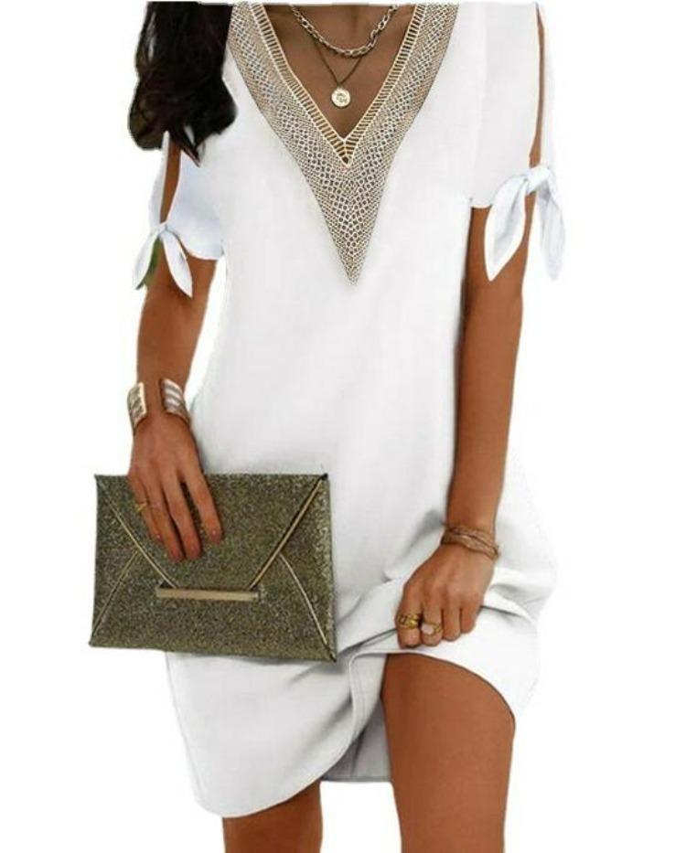 Women Lace Collar Dress Solid Color Split Cuffs Bow Knot European American Style