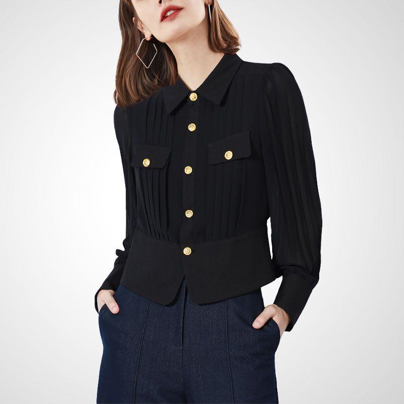 

French Style Design Niche Style Retro Black Waist Trimming Shirt 2025 Summer New Arrival Work Clothing Temperament Long Sleeve Shirt Black L