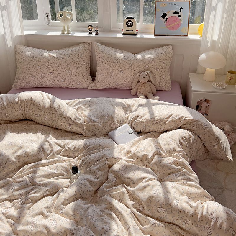 

Korean Style Rabbit Quilt Cover Four-Piece Set Bed Sheet Fitted Sheet Quilt Cover Single Dormitory Bed Three-Piece Set Non-Cotton Pure Cotton 150*200cm single quilt cover Mil Rabbit