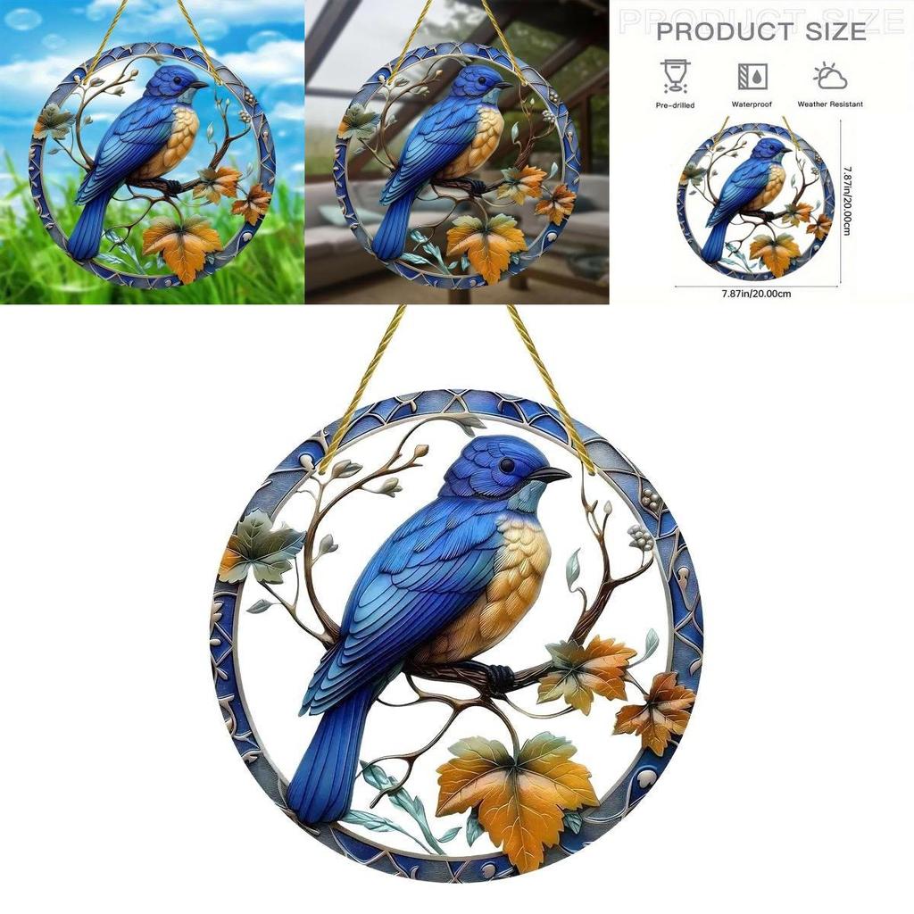 Simulated Blue Bird Branch Pattern Circular Acrylic Pendant For Garden Party Gift