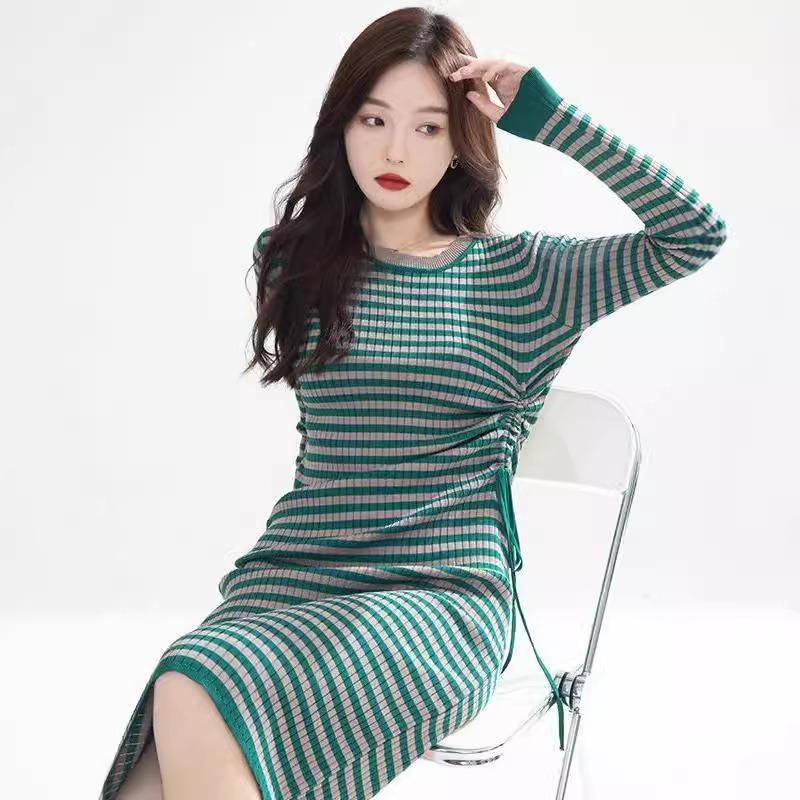 Women's Fashion Autumn Winter Stripe Print Long Sleeve O-Neck Slim Casual Dresses