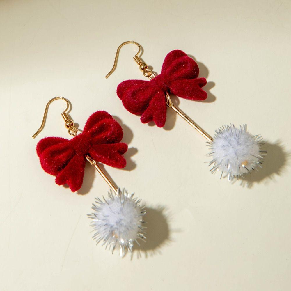 Pearl Red Velvet Bow Earrings Bowknot New Year Earrings Wine Red Bow Drop Earrings Festival