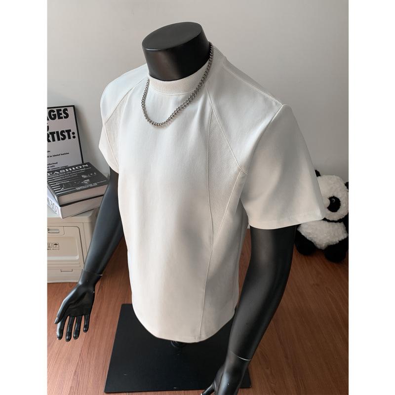 American Short-sleeved Retro Small Collar Tops Threaded Patchwork T-shirt for Men Tees