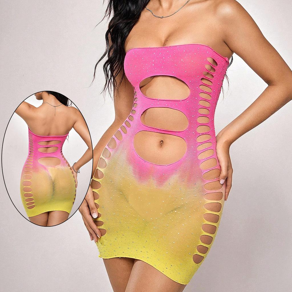 European and American erotic underwear tube top bikini onesie long-sleeved hollow net jacket fishing net onesie MY