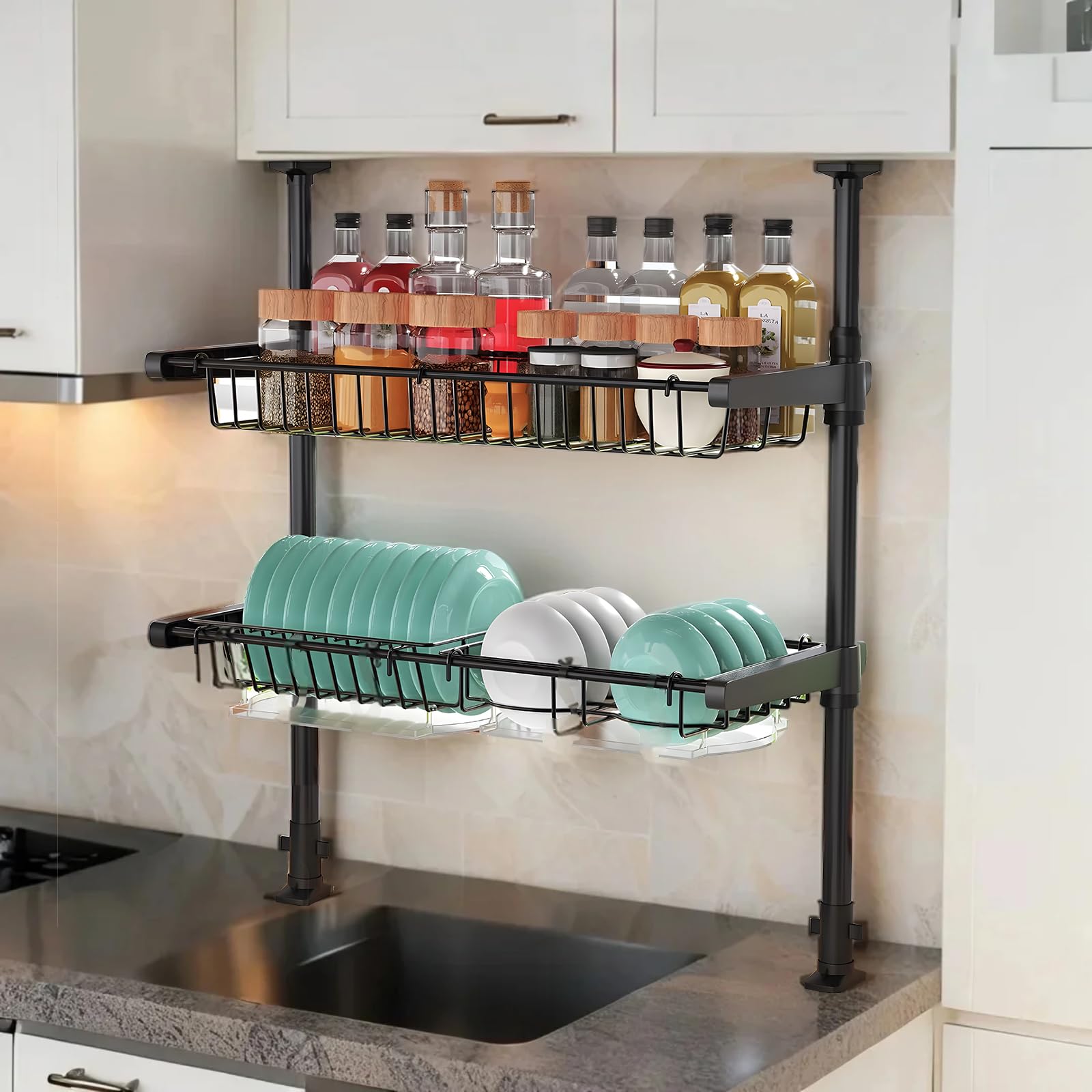 

Dish tension basket height adjustable load capacity large over the kitchen dish carbon retractable sink drain pot tension ABS space easy to no need to