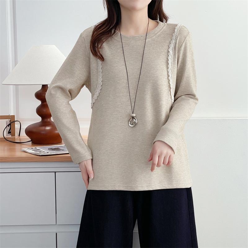 

Women s Plus Size Lace Patchwork Fleece Base Layer Top - 2025 Autumn/Winter, Long Sleeve Round Neck, Thickened Velvet. 3XL абрикосовий