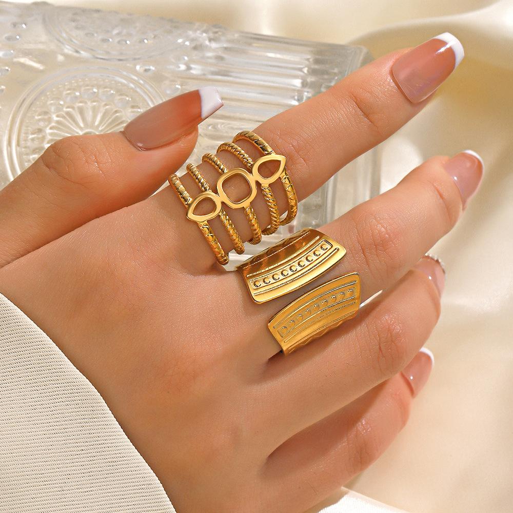 Exaggerated Trendy Geometric Line Ring Woman And Men Individual Ethnic Style Gold Plated Stainless Steel Open Rings