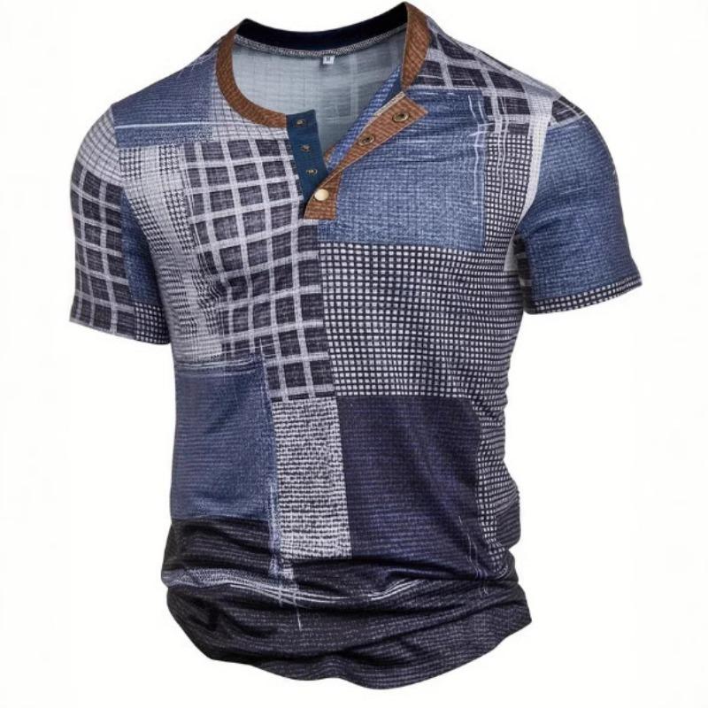 European and American semi-cardigan, casual short-sleeved digital printing slim-fit pullover Henry T-shirt top men's clothing