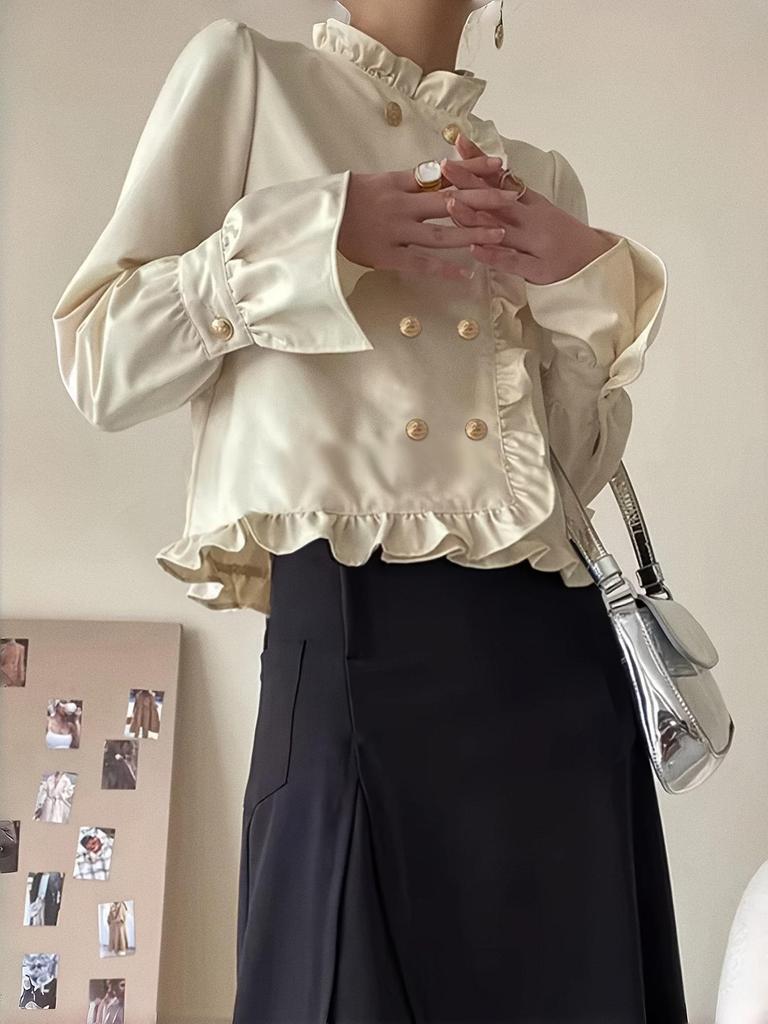 Autumn Women's Chic Ruffled Stand-Up Collar Double-Breasted Shirt
