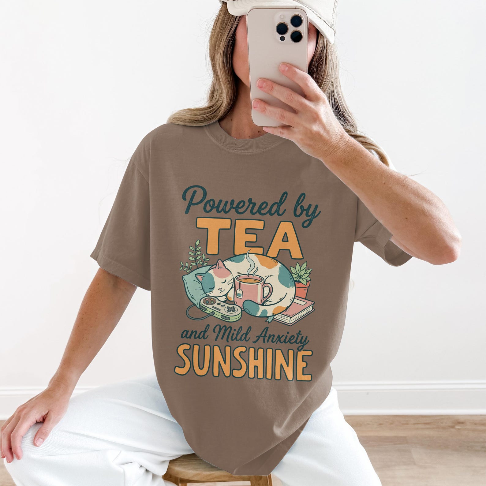 Cozy Gaming Cat Shirt Powered by Tea Anxiety Sunshine Gamer Girl Gift Idea Streamer Stardew Valley T-Shirt T-shirt 2XL