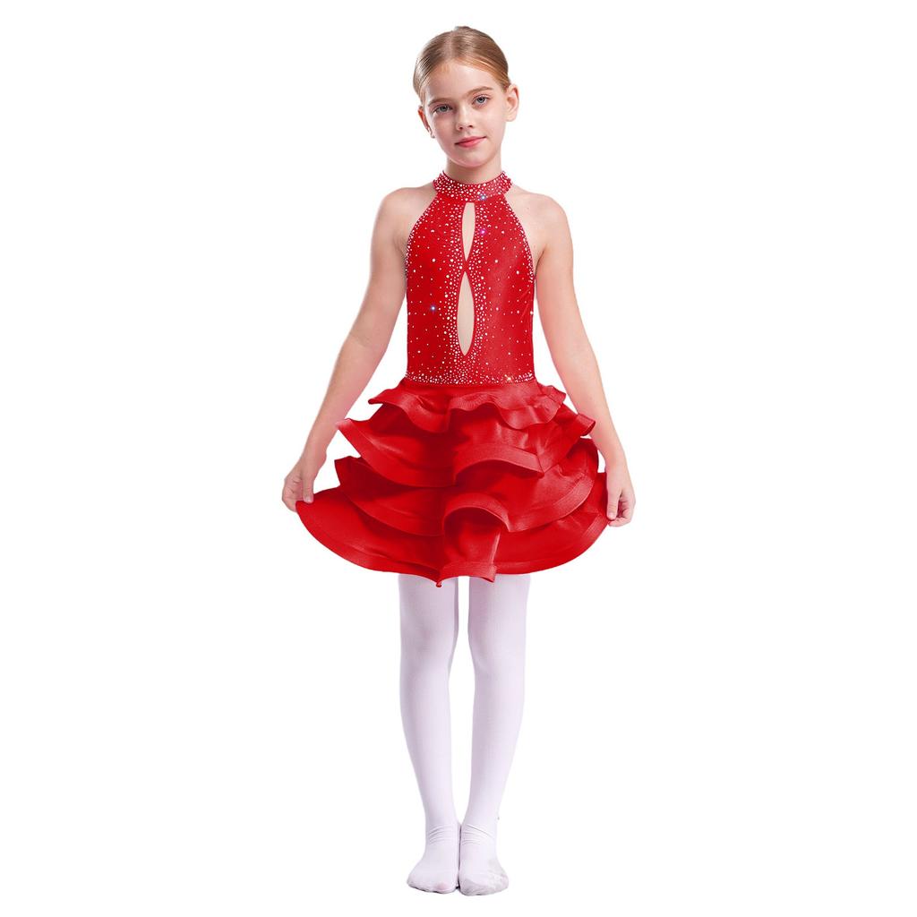 Girls Sparkly Rhinestone Latin Dance Dress Sleeveless Backless Design with Flowy Tiered Skirt for Competition