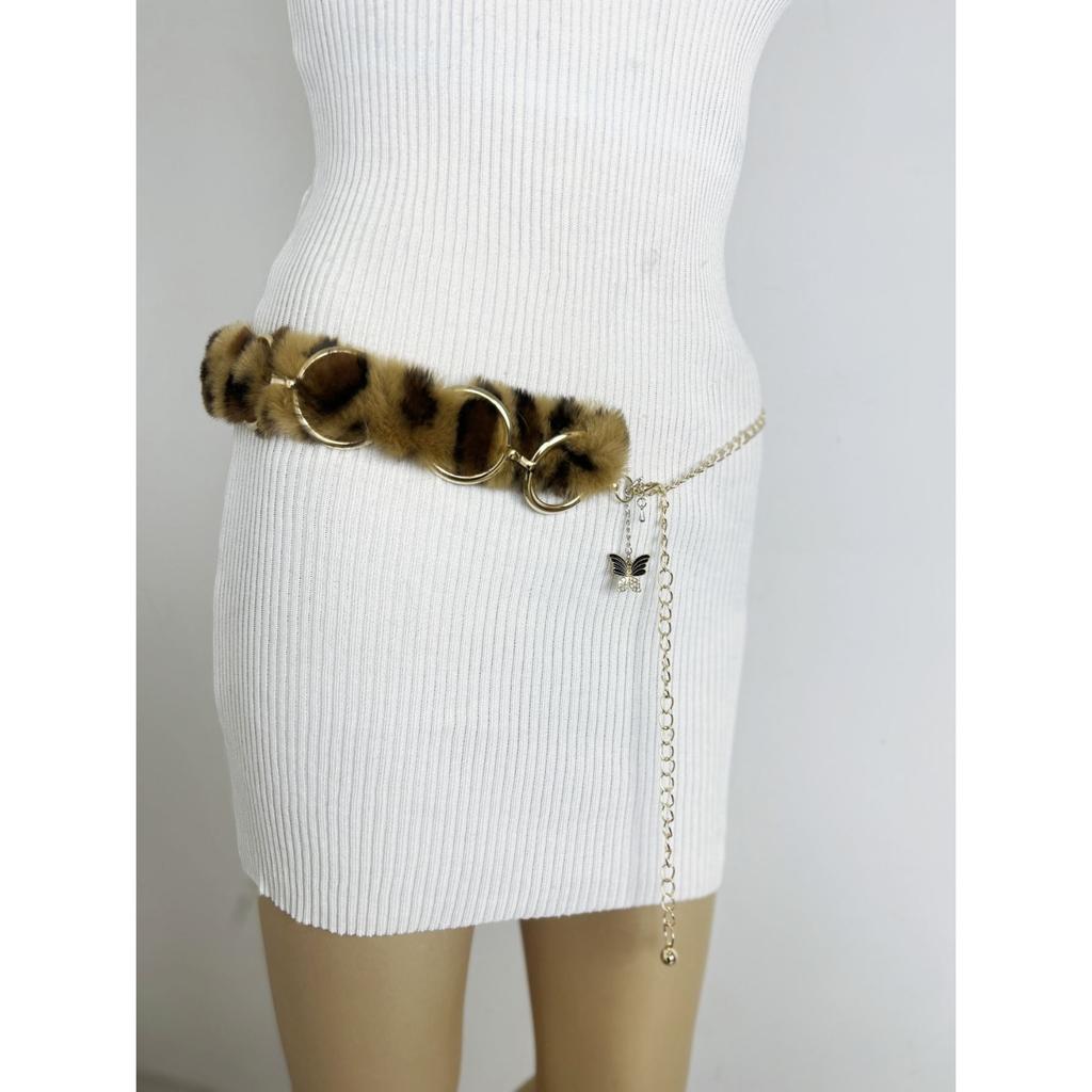 Sexy Leopard Print Plush Waist Chain Rhinestone Decorative Hot Girl Belt Light Asian Wear Belt