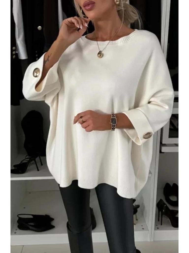 2024 Autumn Women's Solid Color Round Neck Mid-Sleeve Knitted Casual Top