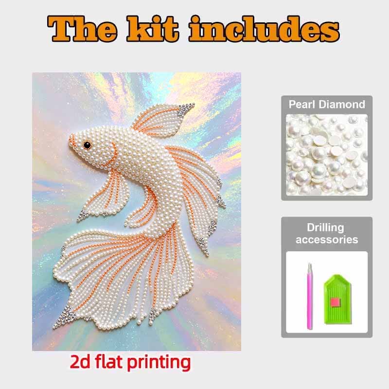 Pearl Painting Art Painting Kit for Adults and Beginners, Elegant White Betta Fish Sparkling Painting Craft Home Wall Decor Handmade Gift