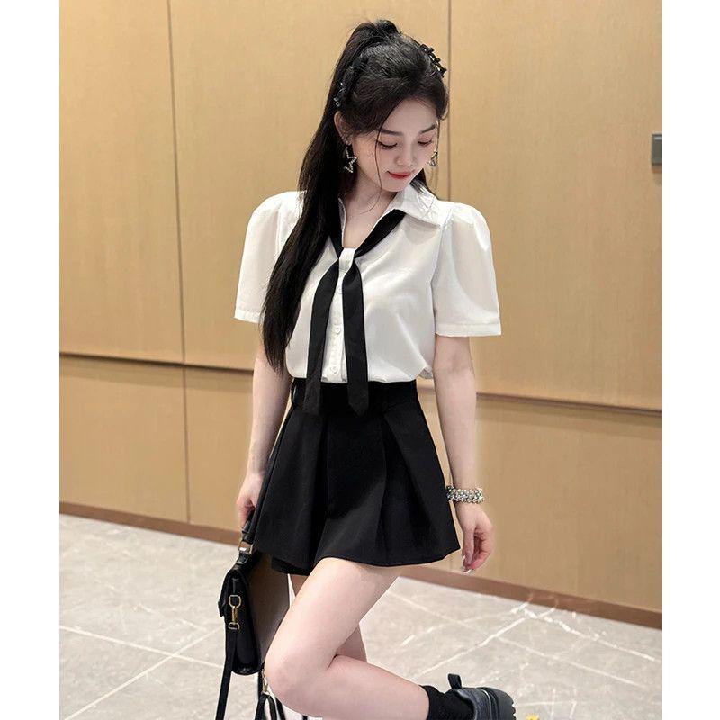 Korean-Style V-Neck Puff Sleeve White Tie Shirt & Skirt Set for Women – Loose, Stylish, Versatile Short Sleeve Two-Piece.