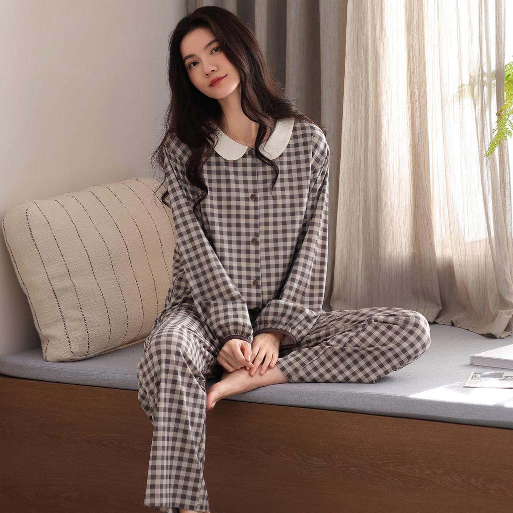 Pajamas women's spring, autumn and winter new pure cotton long-sleeved fashion plaid high-end cotton beautiful loungewear can be worn outside