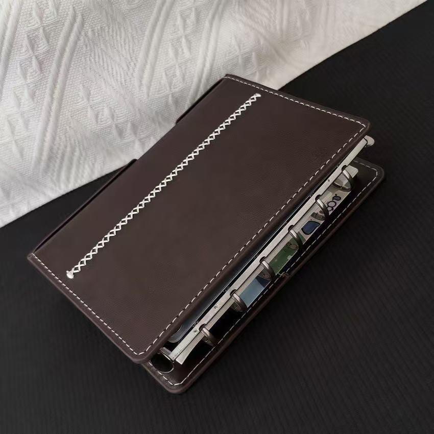 Dark Brown A7 Loose-Leaf Leather Planner - Portable Double Ring Creative Diary Notebook by Xiaohongshu.