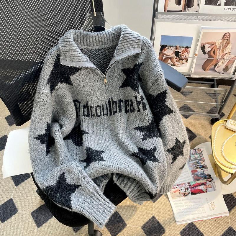 Letter Star Jacquard Women's Sweater Half Zip Knit Pullover Solid Color Sweaters Autumn Fashion Woman Loose Casual Outwear Top