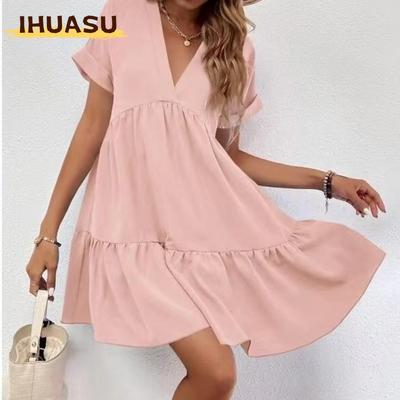 Women's Fashion Summer Spring Solid Color Print Short Sleeve V-Neck Casual Dresses