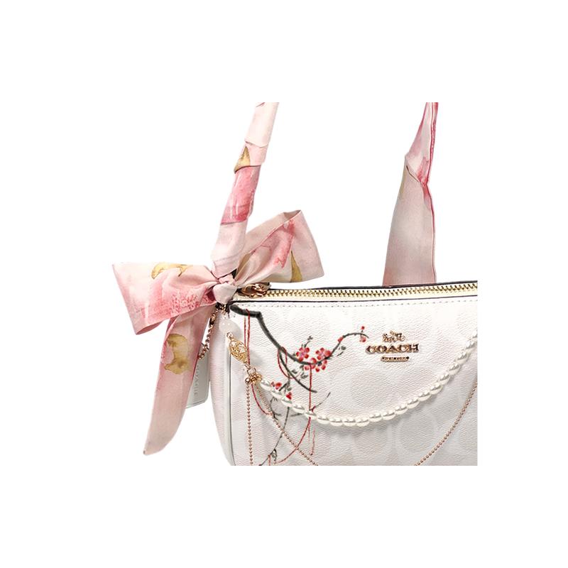COACH shoulder bag [Customized bag] Nolita 19 Flower Shadows in the Clouds Hand-painted Pink Flower Silk Scarf Bow Pearl Chain Crossbody plum bossom