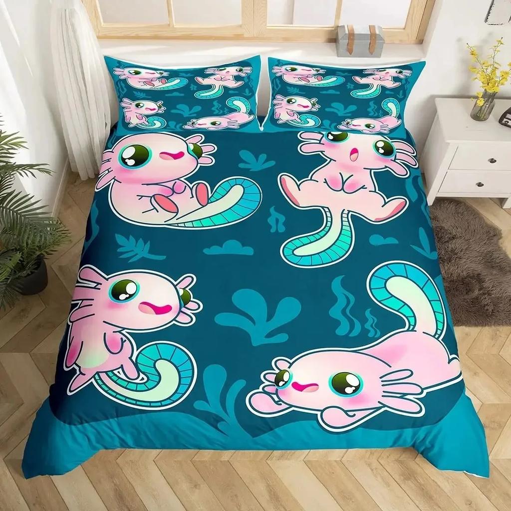 Cartoon Axolotl Cute Sea Animal Reptile Bedding Set Boys Girls Twin Queen Size Duvet Cover Pillowcase Bed Kids Adult
