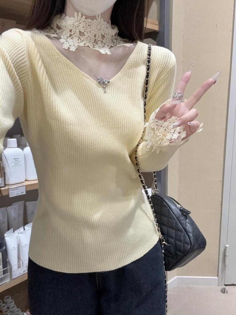 French collar V-neck lace knit sweater, autumn/winter new long-sleeve sweater, slim fit, base layer