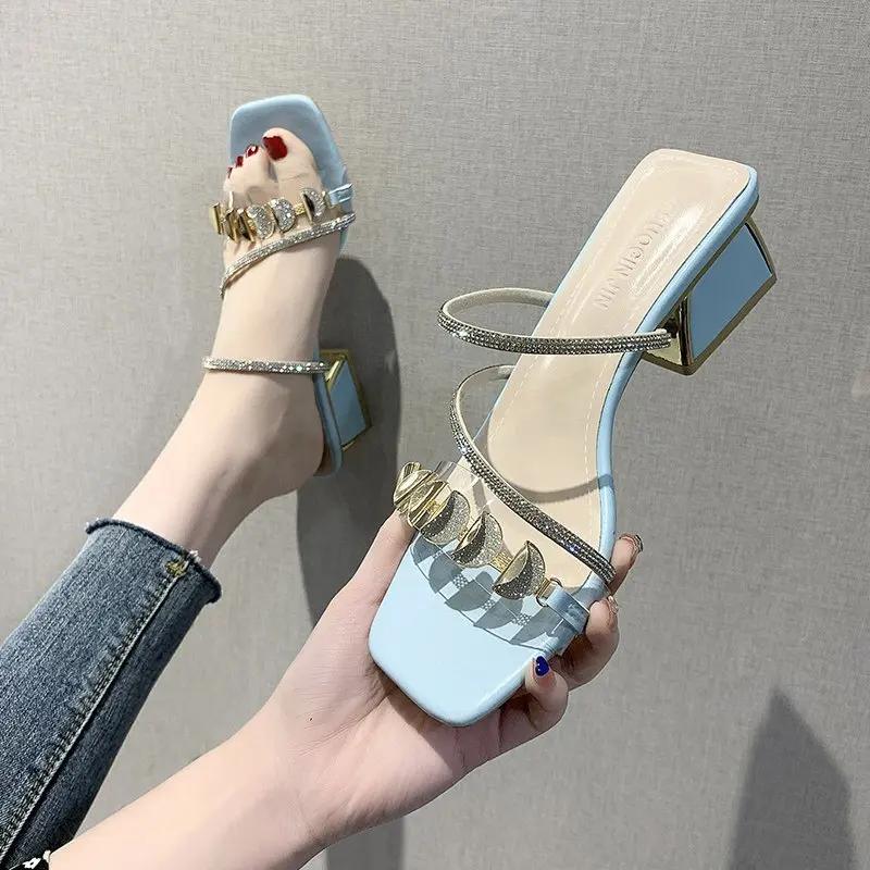 

мода Прозрачные ПВХ Женские Тапочки Модные Массивные Высокие Каблуки 6см Обувь Летние Женские Черные Мюли Слайды Римские Сандалии Пантуфли 34 синий