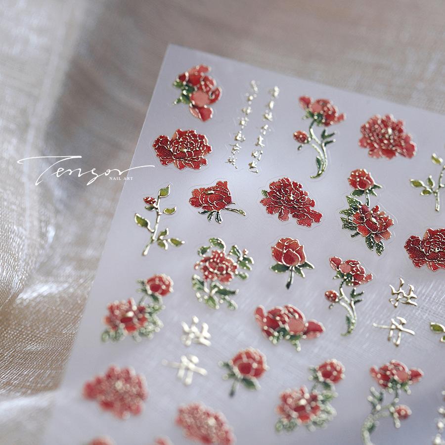 Gold Stamped Blooming Red Peony 3D Self-Adhesive Nail Art Stickers Lily Magnolia Camellia Daisy Rose Manicure Decals