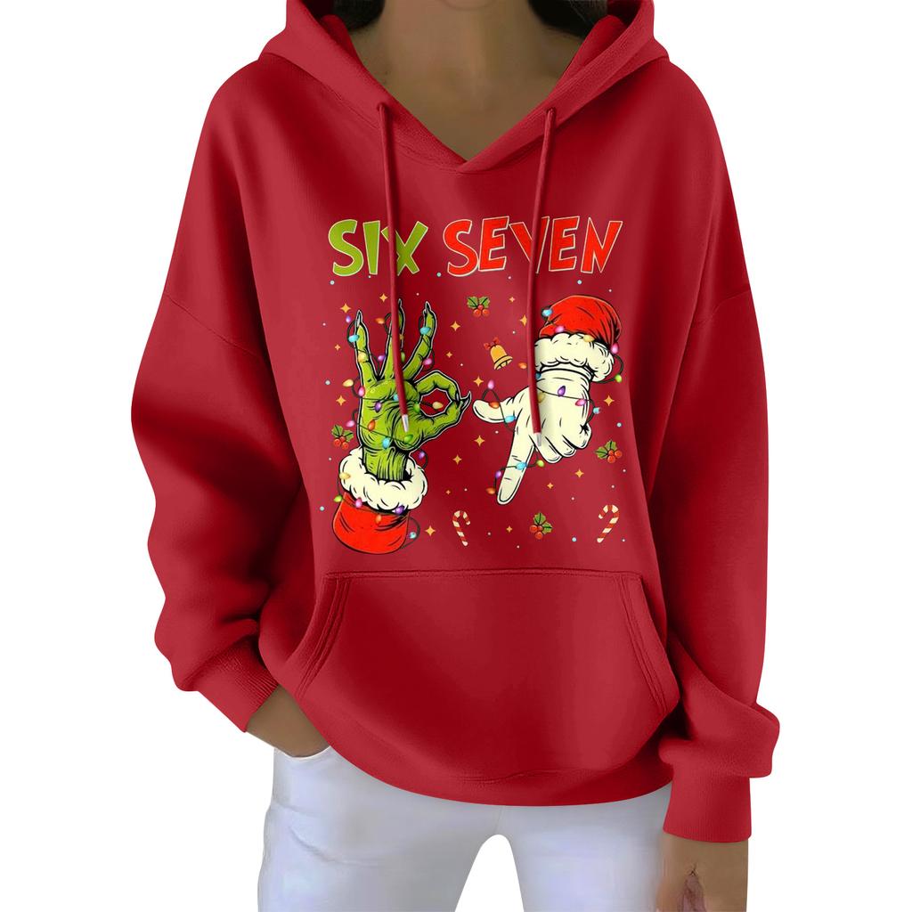 Damenmode Damen Leichter Langarmpullover mit Taschen Preppy Graphic Hoodie