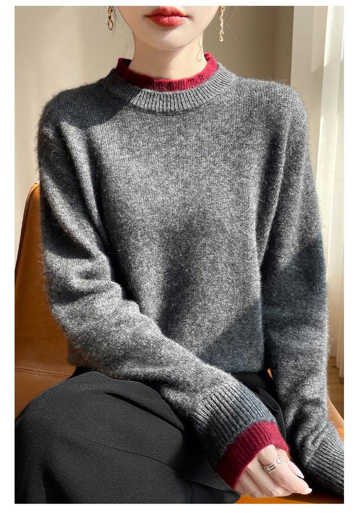 Women's Pink Color Block Wool Sweater: Autumn/Winter, Loose, Thick, Round Neck, Fake Two-Piece, Lazy Knit Base Layer