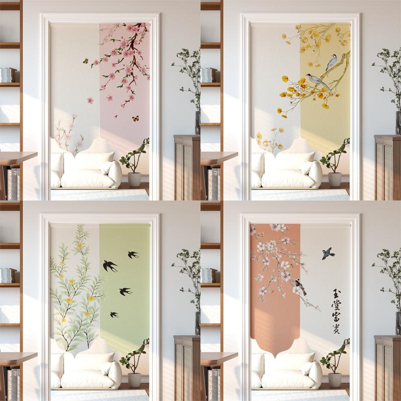 Chinese Style Imitation Linen Door Curtain Retro Art Painting Doorway Living Room Partition Drape Kitchen Hanging Half-Curtain