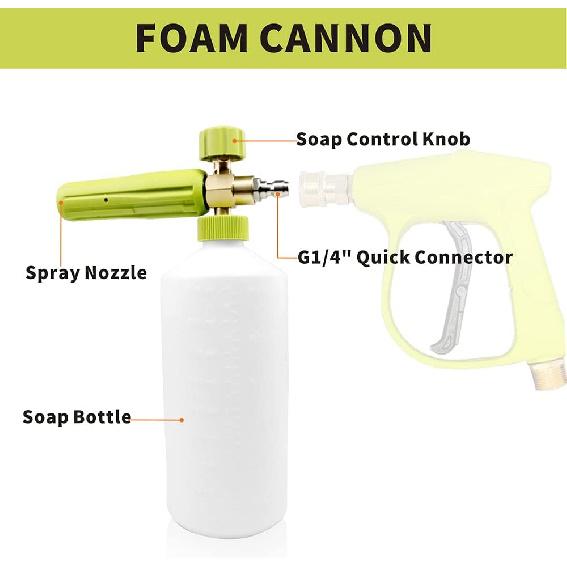 Foam Cannon 1 L Bottle Car Wash Snow Foam Lance With 1/4" Quick Connector Pressure Power Jet Washer Quick Release Adjustable Nozzle