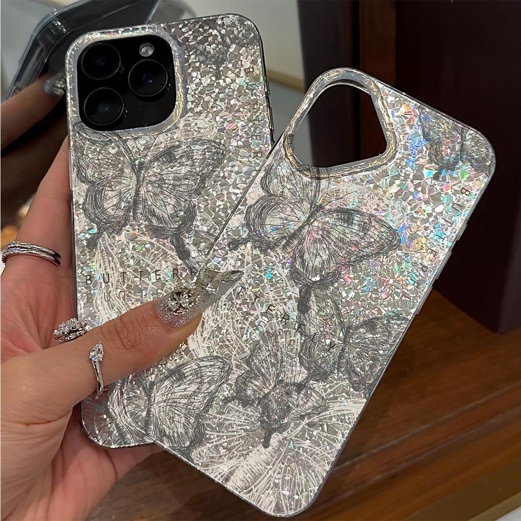 Acryl-Rückseite TPU-Stoßfänger für iPhone 14 18 Pro Max 12 17 Pro Air 11 13 XR 15 XS Max 16 Plus Schwarzes Schmetterlings-Thema hone Hülle Stoßfeste Abdeckung