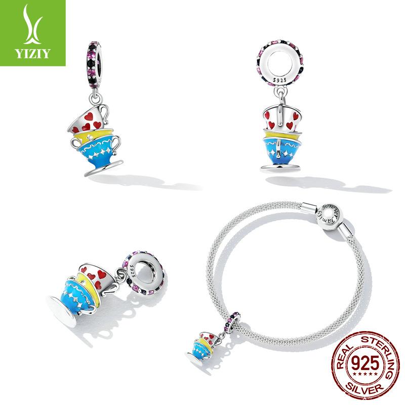 Sagomagi Te-kopp 925 Silver Hänge Accessoarer, Delikat Vintage DIY Armband Pärlbeströdd Scc2244