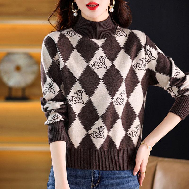 Fall/Winter Vintage Jacquard Sweater Women High Neck Knit Sweater Short Thick Loose Print Knitwear Top Jumper