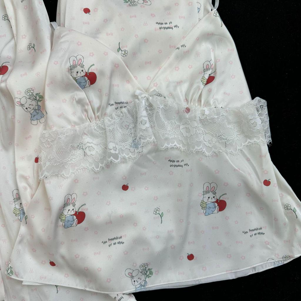 2026 Women's Ice Silk Floral Pajama Set: Long Sleeve Top, Long Pants, Lace Camisole with Bra Pads