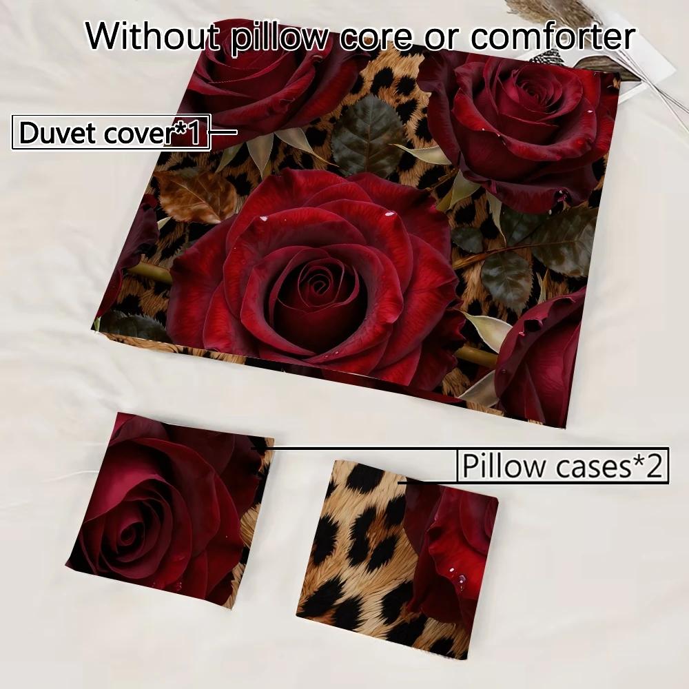 Zestaw 3-częściowy Czerwona Róża Wzór Lamparta Zestaw Kołdry na Walentynki, Zawierający 1 Poszewkę na Kołdrę i 2 Poszewki na Poduszki (z wyłączeniem wyściółki)
