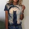 3D Printed Night Cat T-Shirt For Women Colorful Starry Sky Graphic Tees Summer Casual T Shirts Short Sleeves Round Neck Tops