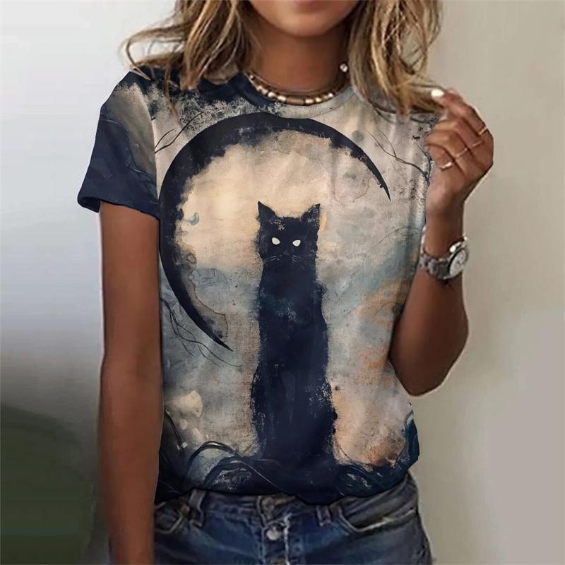 3D Printed Night Cat T-Shirt For Women Colorful Starry Sky Graphic Tees Summer Casual T Shirts Short Sleeves Round Neck Tops