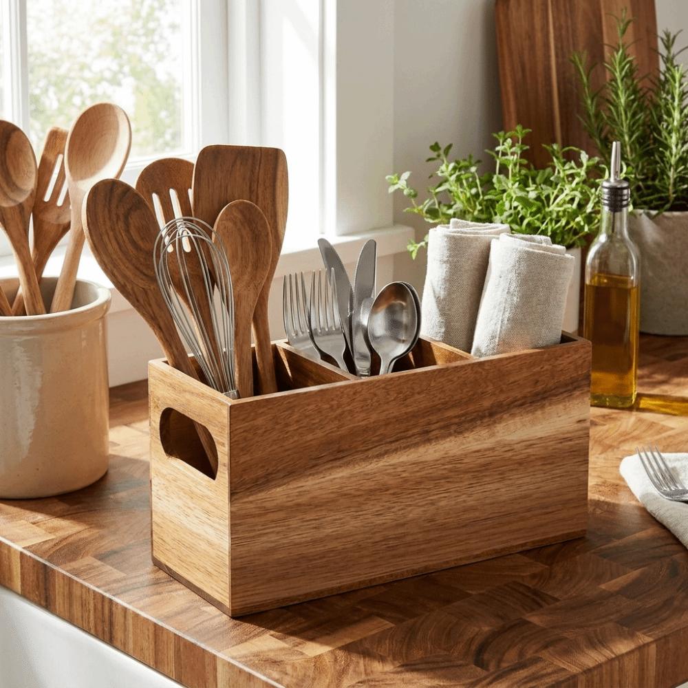 Wooden Cutlery Holder 3 Compartment Storage Rack Kitchen Tools Utensil Organizer Home