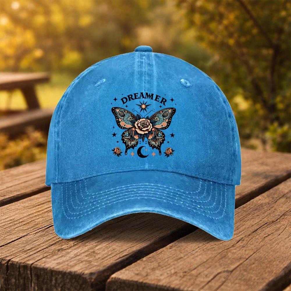 Dreamer Butterfly Rose Washed Baseball Cap Unisex Cotton Adjustable Outdoor Casual Hat