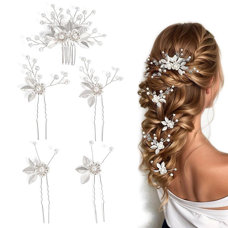 Wedding Hair Pins Set of 5 Pcs - Elegant Leaf Floral Pearl Rhinestones Hair Accessories for Bridal Women (Gold) серебряный